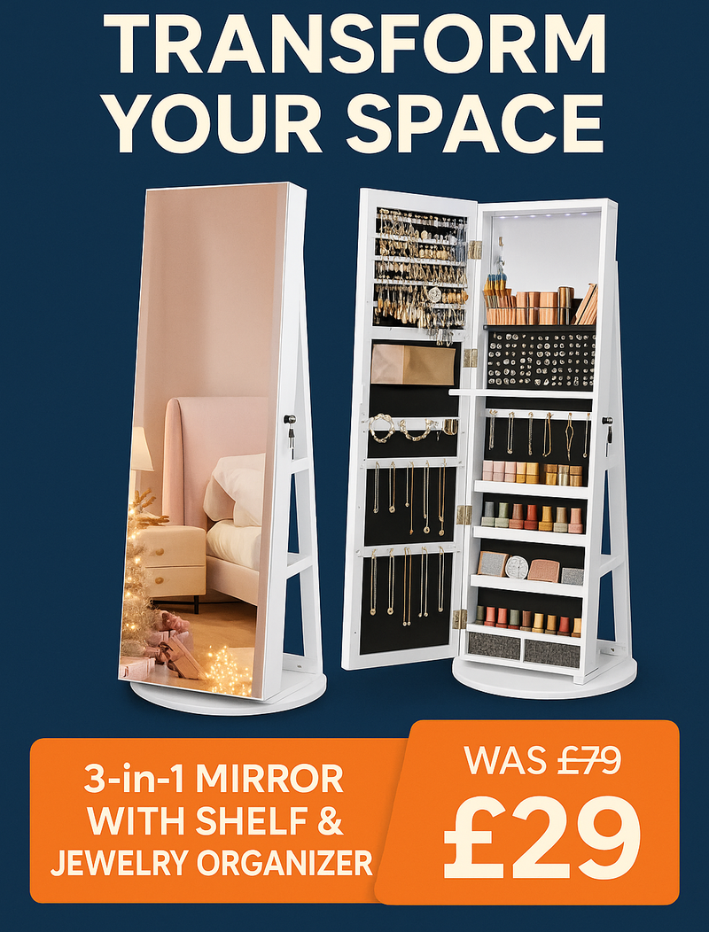 🔥 3-in-1 Mirror with Shelf & Jewelry Organizer – Style, Storage & Perfect Lighting